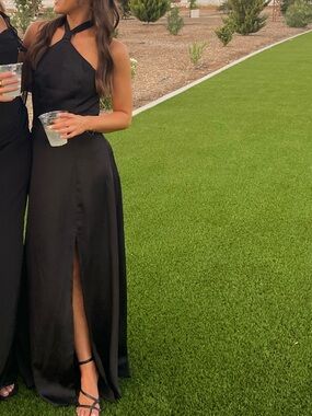 Elegant Black Satin Halter Evening Gown